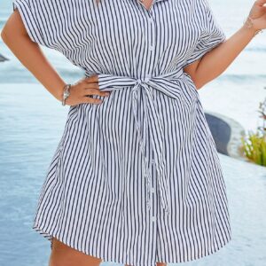 Plus Striped Print Batwing Sleeve Belted Shirt Dress